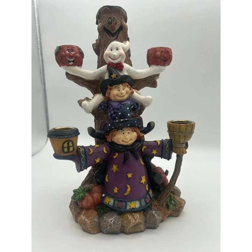 Halloween Candelabra 5 Candle Holders Witch Ghost Tree Jack-o-lanterns Broom